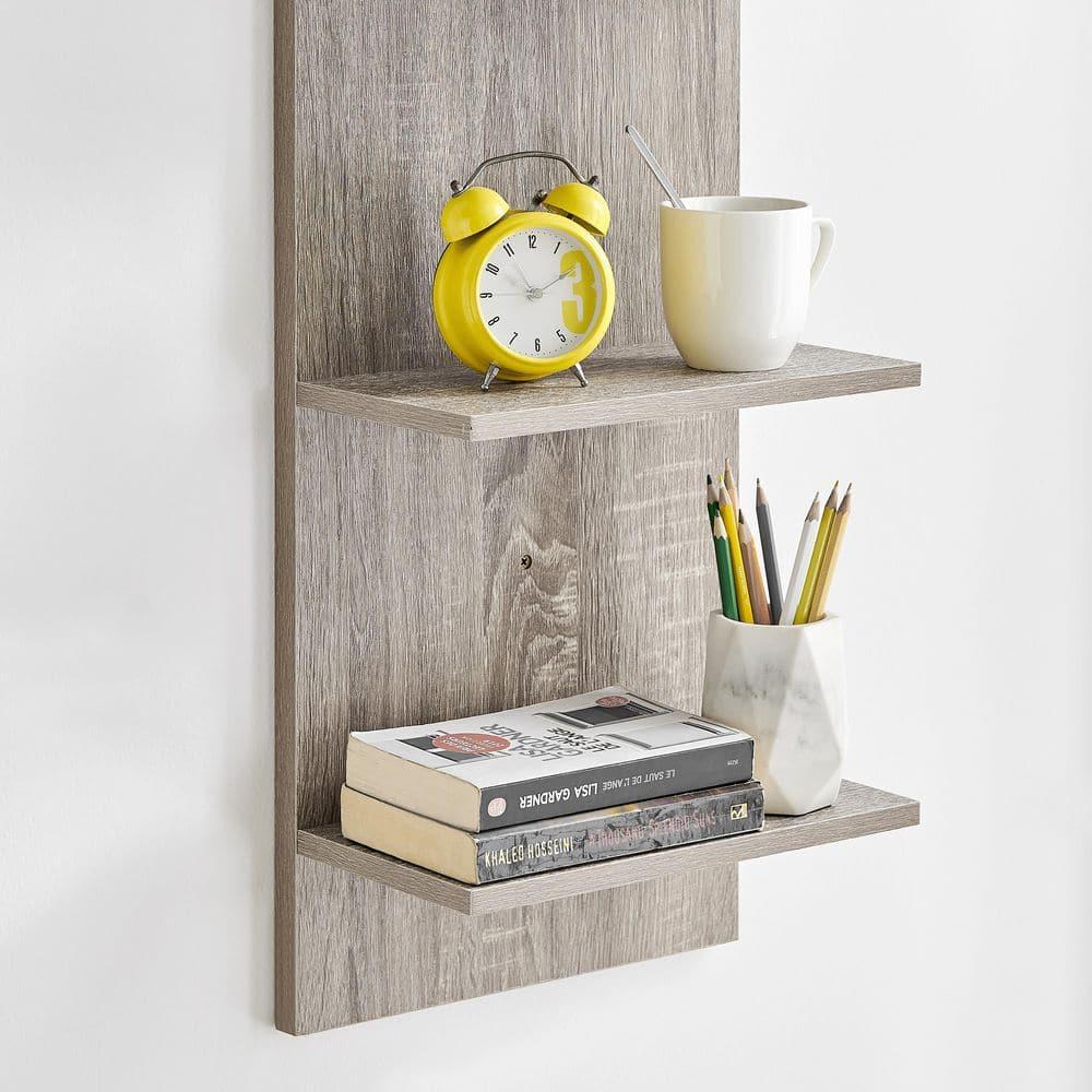 Danya B. 47" x 11.7" Wide Vertical Column Wall Shelf Weathered Oak: Mid-Century Laminated MDF, Iron Hardware