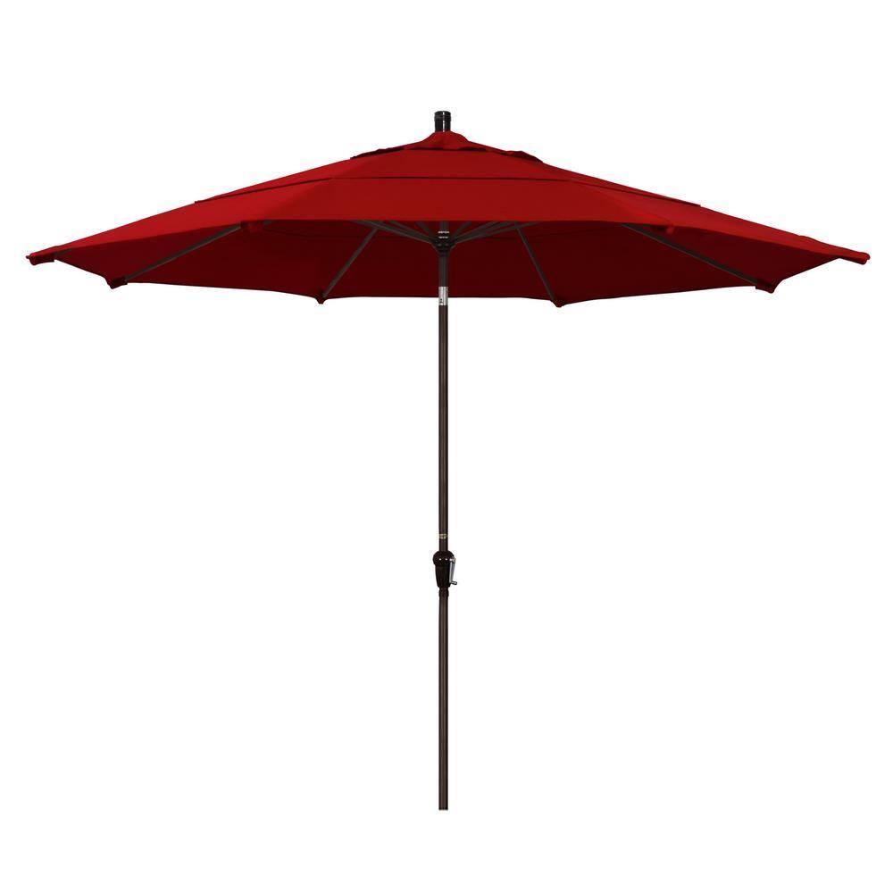 11 ft. Bronze Aluminum Market Patio Umbrella with Auto Tilt Crank Lift in Jockey Red Sunbrella