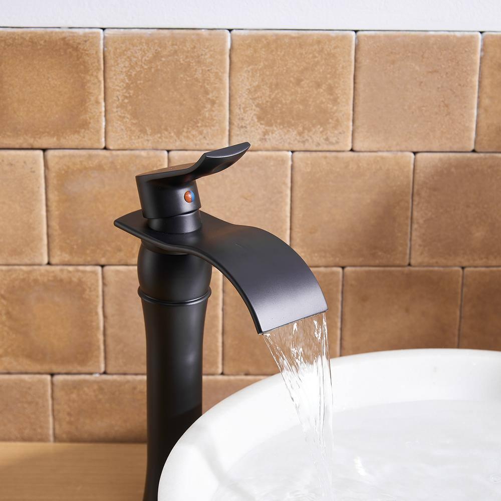 Homevacious Bathroom Vessel Sink Faucet Waterfall,Matte Black Bathroom Faucet Single Handle,Single Hole Bowl Vanity Sink Faucet,with Pop Up Drain and Supply Lines,Commercial Lavatory Mixer Tap