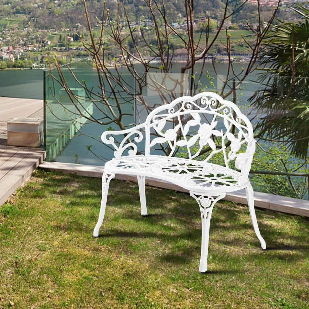 WANCQ 38.5" Patio Park Garden Outdoor Metal Rose Bench,Cast Iron Cast Aluminium Frame Antique Finish Chair,Accented Lawn Front Porch Path Yard Decor Deck Furniture for 2 Person Seat（White)