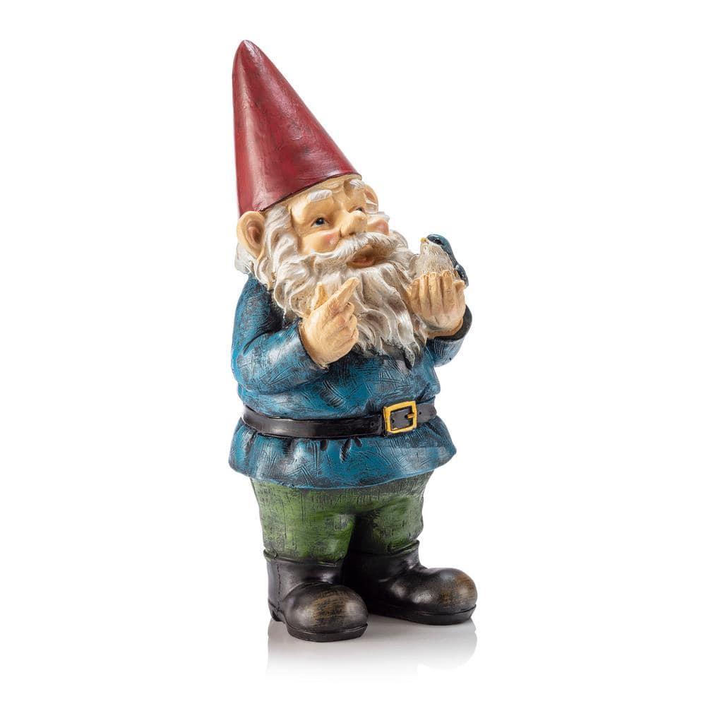 Alpine Corporation 12" Tall Outdoor Garden Gnome with Bird Yard Statue Decoration, Multicolor
