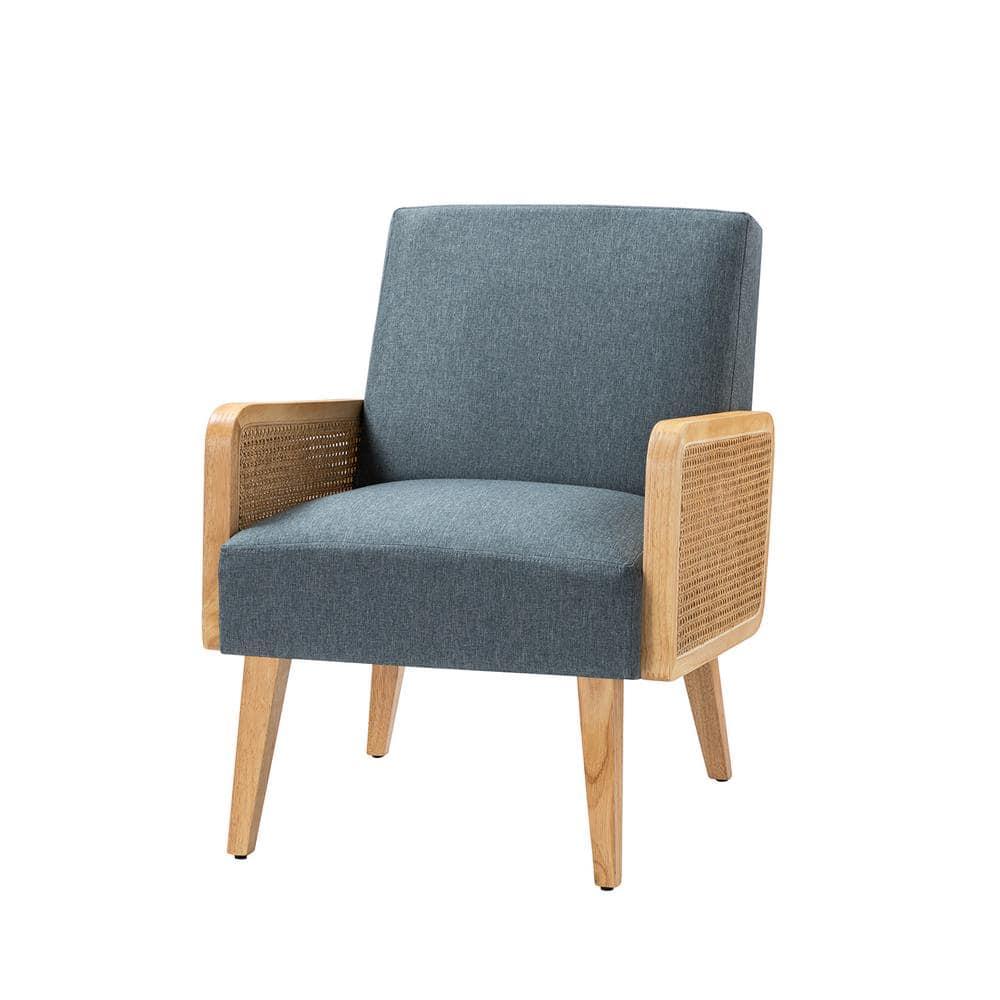 Farmhouse Accent Chair Rattan Armrests Fabric Upholstered Wooden Reading Armchair Living Bedroom Blue