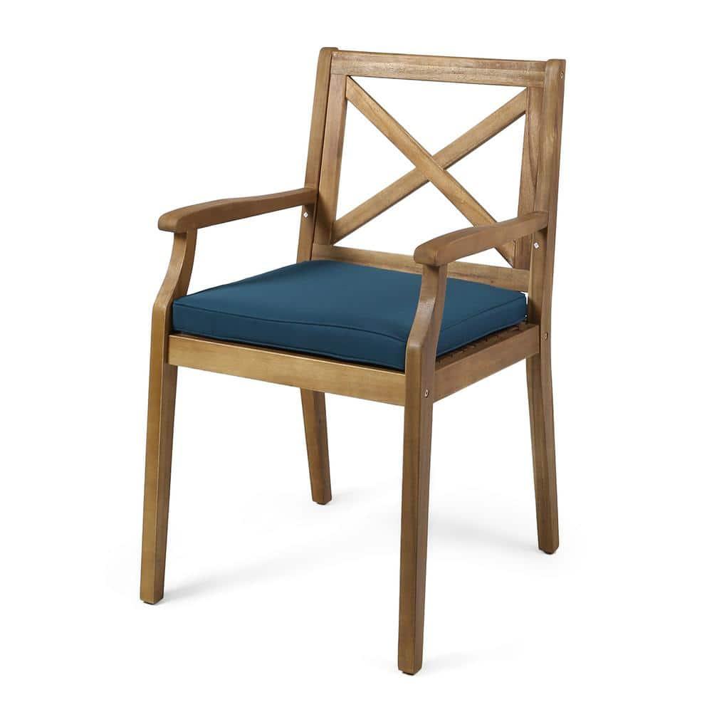 Noble House Perla Wooden Patio Dining Arm Chair in Teak and Blue (Set of 2)