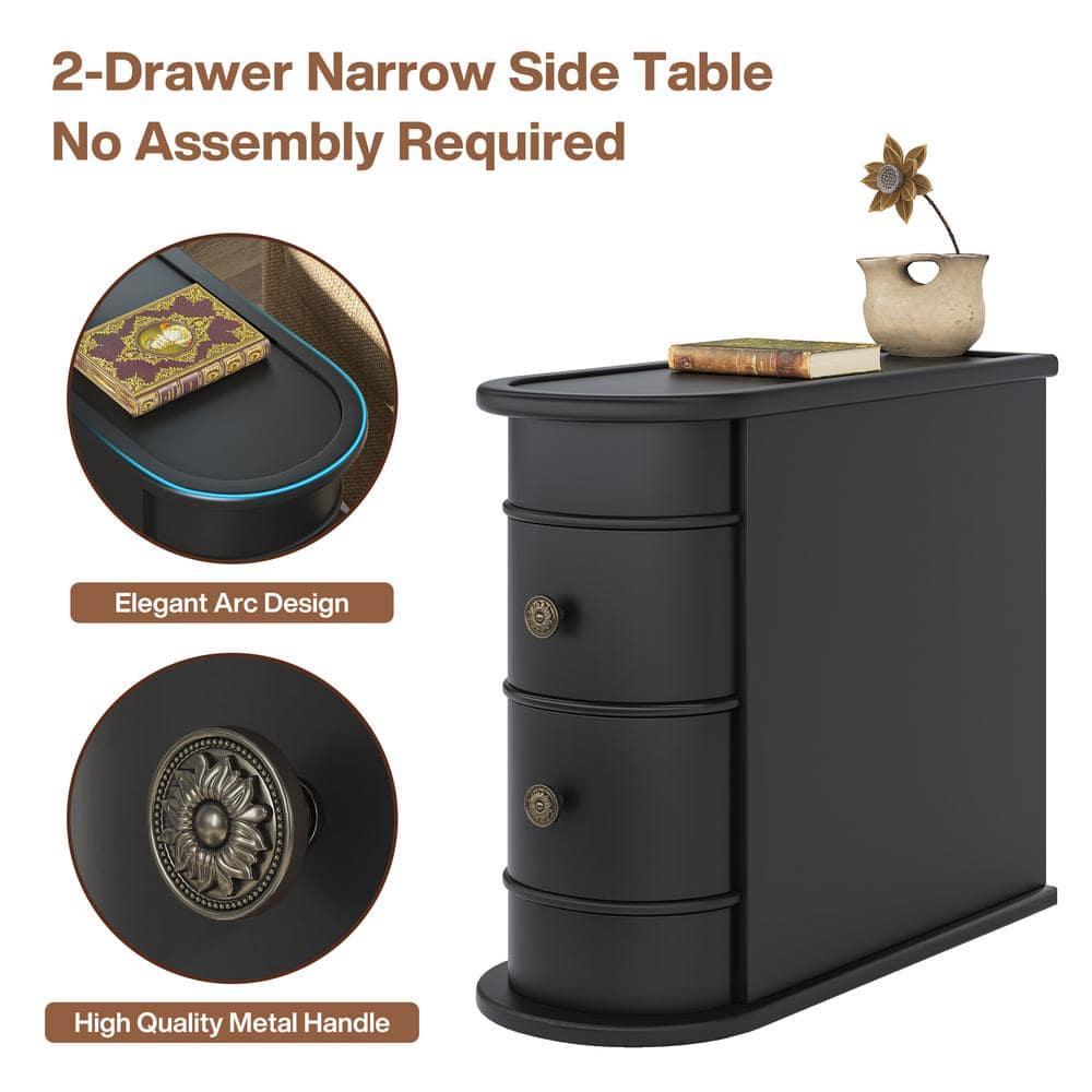 Hommoo Wood Narrow Nightstand with 2 Drawers Black