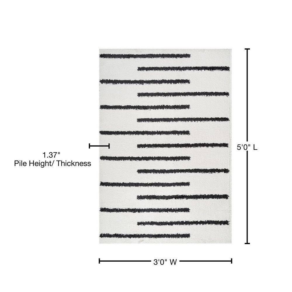 3'x5' Alaro Berber Stripe Shag Area Rug, White/Black - JONATHAN Y