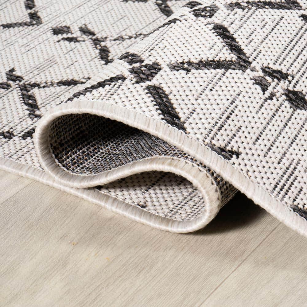 5' x 5' Ourika Moroccan Geometric Textured Weave Indoor/Outdoor Area Rug, Cream/Black - JONATHAN Y