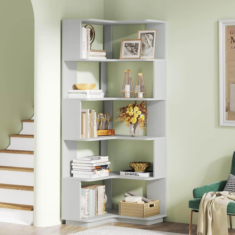 Hommoo 6-Tier Corner Bookshelf, 64.96" Corner Bookcase with Anti-Drop Panel Silver Gray