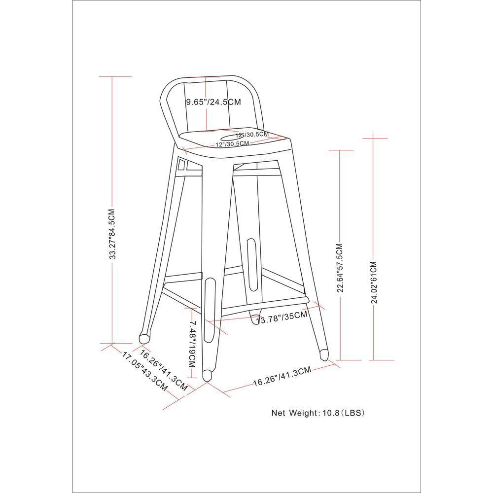 Simpli Home Rayne Metal Industrial Stool with Curved Back, Cross-Brace, and Footrest