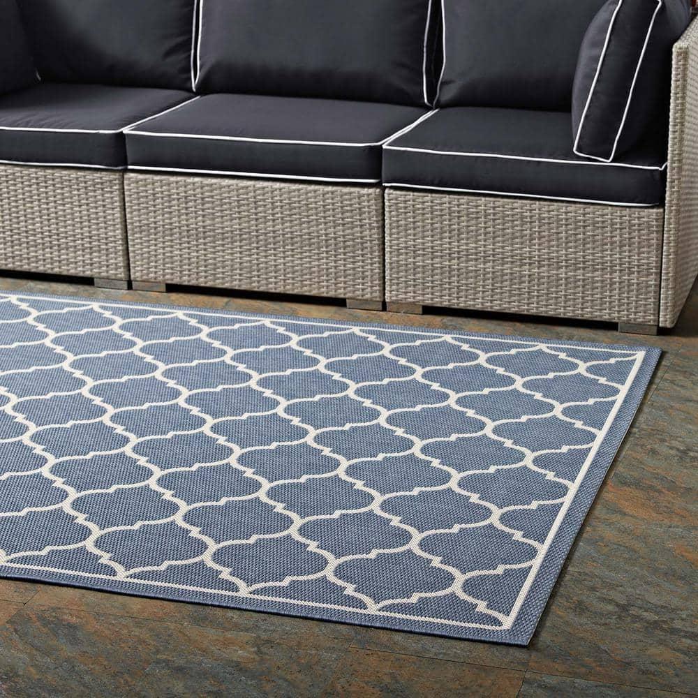 Modway Avena Moroccan Quatrefoil Trellis 8x10 Indoor and Outdoor Area Rug - Blue and Beige,  100% Soft Polypropylene ,  Tight Low Pile Weave