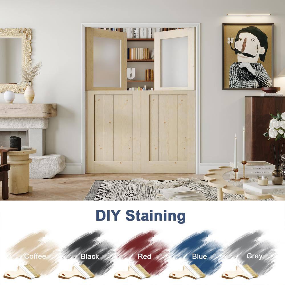 CHIC MODE Interior Dutch Door - Half Frosted Glass Split Door Slab, Modern Style Farmhouse Closet Door, Natural Pine Wood(Not Include Door Hinges)