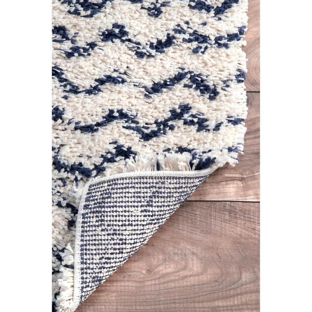 Nuloom Cuellar Striped 9x12 Shag Indoor Area Rug for Living Room Bedroom Dining Room Nursery, Navy/Ivory
