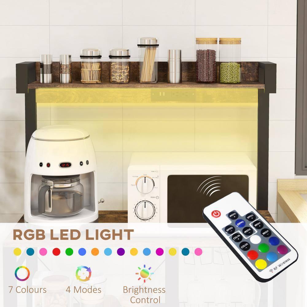 HOMCOM Industrial Kitchen Bakers Rack with Charging Station, RGB Lights, Glass Holders and Open Shelves, Rustic Brown