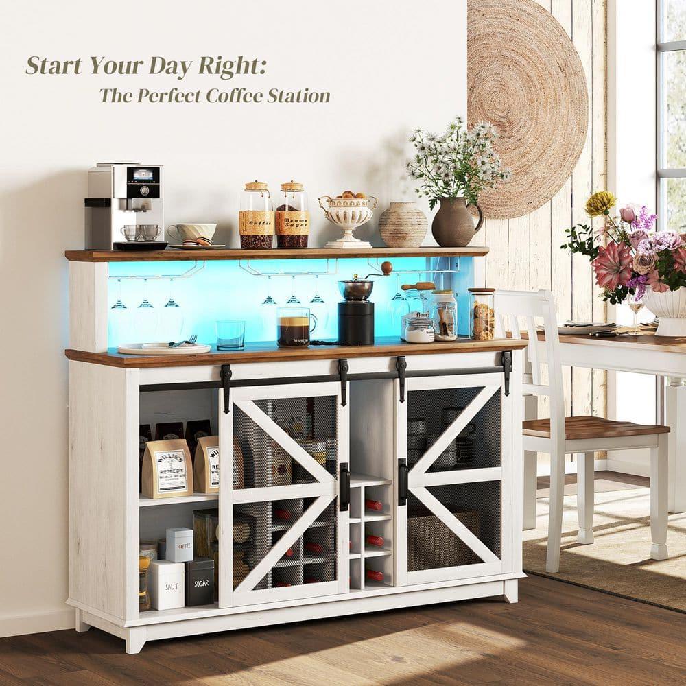 Homiyad 55" Coffee Bar Cabinet with Lights, Farmhouse Wine Cabinet with Wine and Glass Racks for Kitchen, Dining Room, White