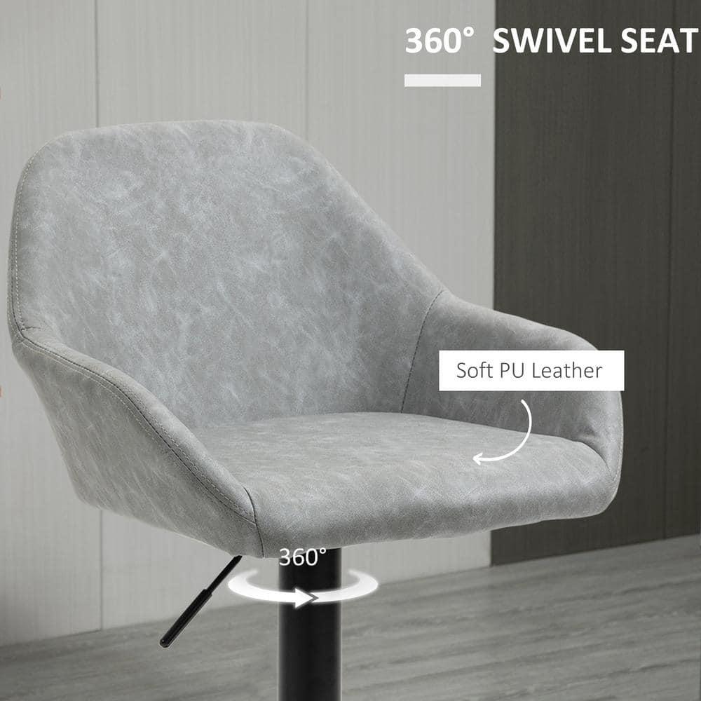 HOMCOM Adjustable Bar Stools Set of 2, Swivel Barstools with Footrest and Back, PU Leather and Steel Round Base, for Kitchen Counter, gray