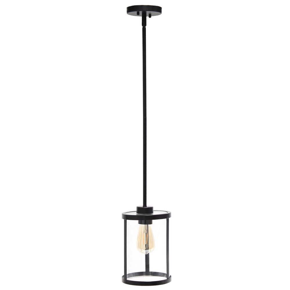 1-Light 9.25" Modern Farmhouse Adjustable Hanging Cylindrical Clear Glass Pendant Fixture with Metal Accent Black - Lalia Home: Industrial Style