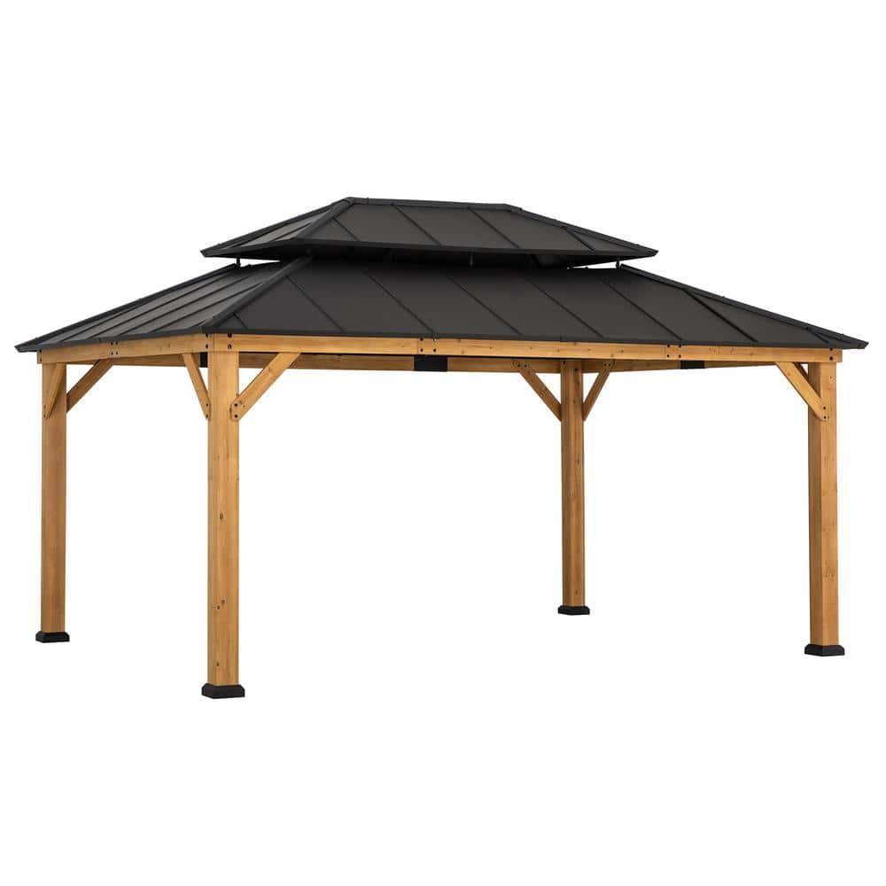 Sunjoy Sunjoy 12x16 ft. Wood Gazebo, Outdoor Patio Steel Hardtop Gazebo, Cedar Framed Wooden Gazebo with 2-tier Metal Roof, Suitable for Patios, Lawn and Backyard