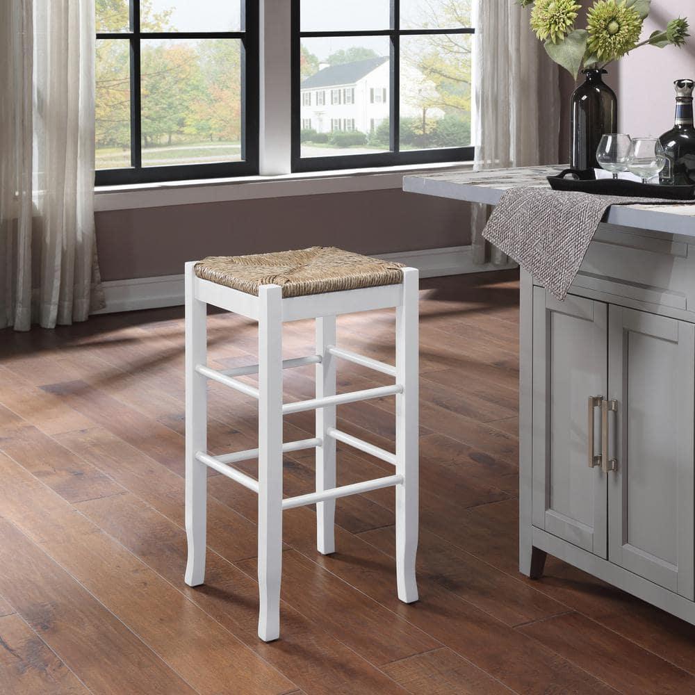29" Rush Seat Hardwood Barstool White - Boraam: Solid Frame, Double Stretcher Bars, Handwoven Seat