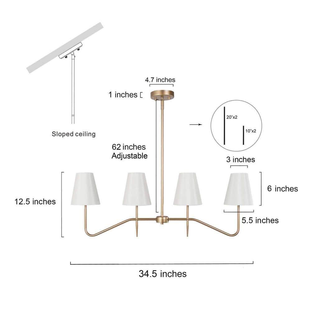 Brightever 4-Light Gold Linear Chandelier, Kicthen Island Light Fixture for Dining Room Over Table, Modern Pendant Lighting with White Fabric Shades for Pool Table, E12 Base (Bulb not Included)