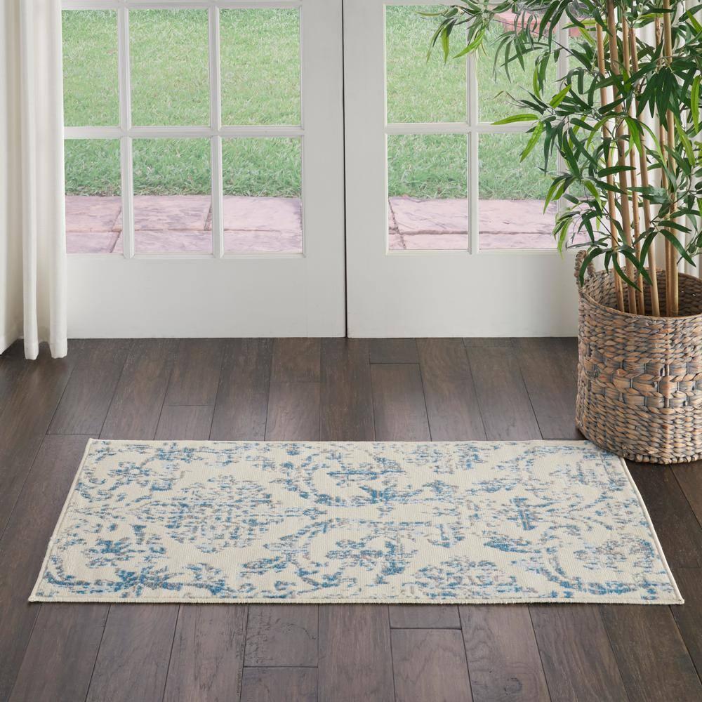 Nourison Jubilant 2' x 4' Ivory/Blue Area Rug Farmhouse Vintage Damask by Nourison