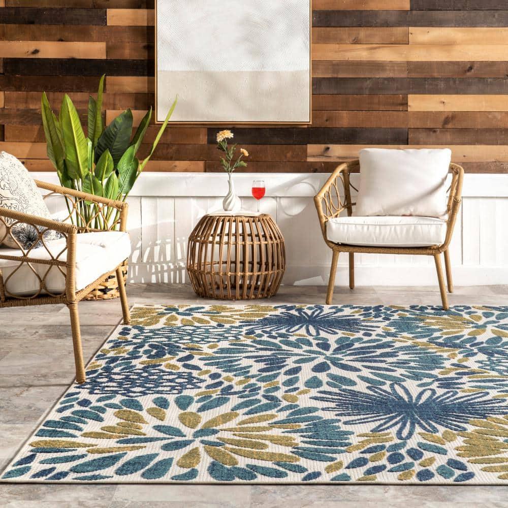 Teal and Olive Green Floral Synthetic 8' x 10' Area Rug