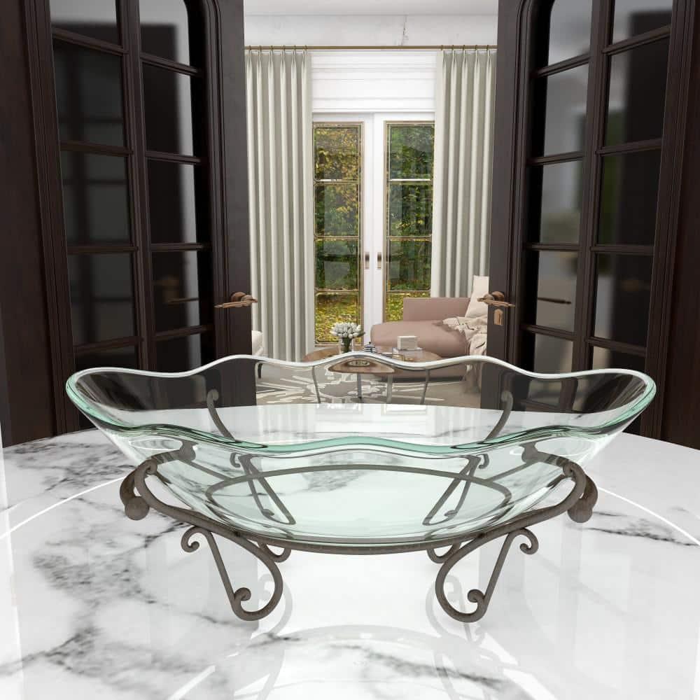 DecMode 23" x 9" Clear Tempered Glass Kitchen Serving Bowl with Brown Metal Scroll Base, 1-Piece