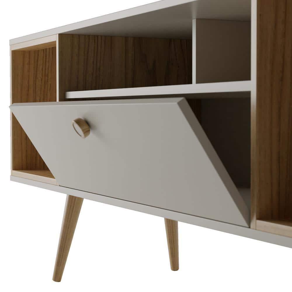 Theodore Wood 63" TV Stand with 6 Shelves in Off White & Cinnamon