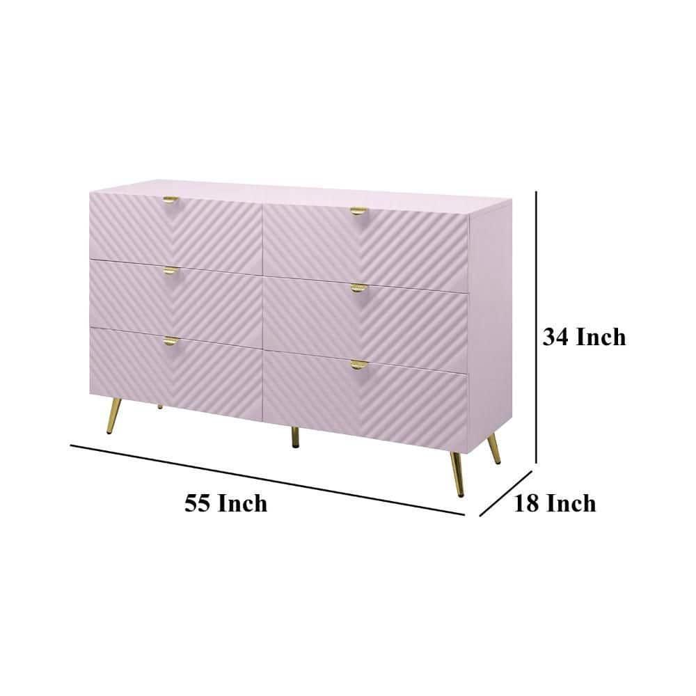 Benjara Tyra Wide Dresser, 6 Drawers, Gold Legs, Gloss Pink Chevron Pattern