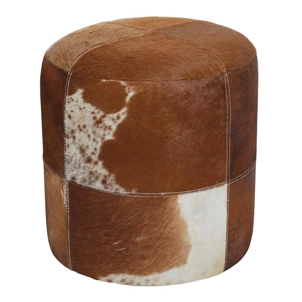 Olivia & May Wood and Leather Rustic Round Ottoman Brown: Contemporary Accent Stool, No Assembly Required