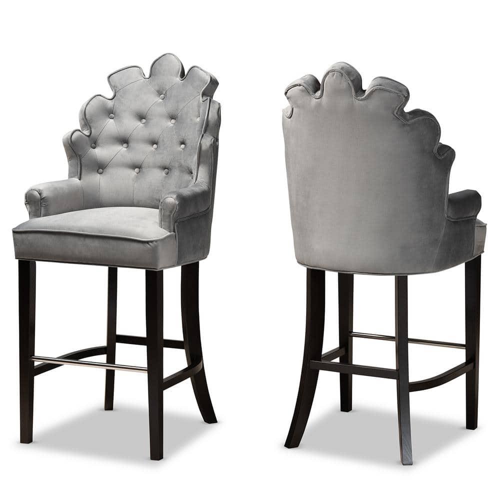 2pc Chloe Velvet Upholstered and Wood Barstool Set Dark Gray - Baxton Studio