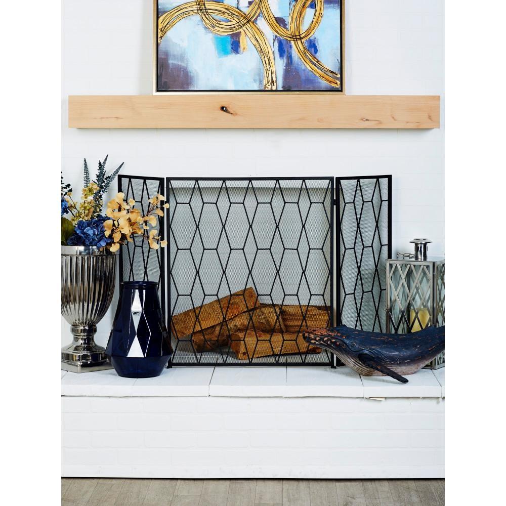 DecMode 51" x 31" Black Metal Foldable 3 Panel Geometric Fireplace Screen with Mesh Netting, 1-Piece