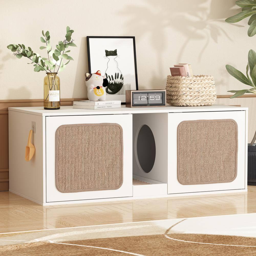 Wooden Hidden Cat Litter Box with 2 Sisal Doors, Litter Box Enclosure Washroom Storage Cabinet Bench End Table