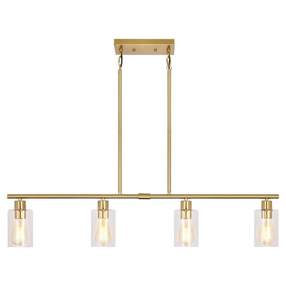 Modern Gold Kitchen Island Chandelier 4-Light Brushed Brass Farmhouse Pendant Light Industrial Kitchen Island Lighting Fixture with Glass Shades Hanging Lamp for Dining Living Room