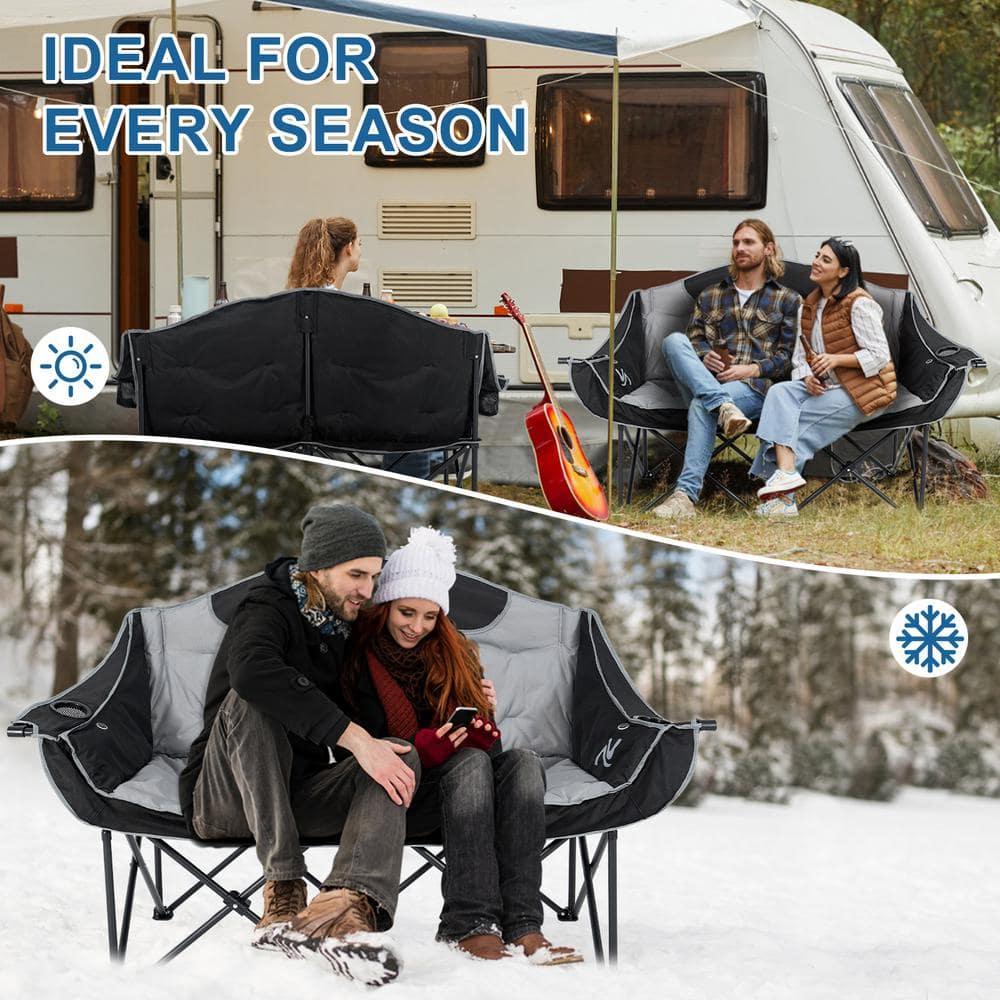 Slsy XXXL Double Camping Chair, Oversized Loveseat Camping Couch, Fully Padded Heavy Duty Outdoor Folding Chair w/ 2 Cup & Wine Glass Holder Support 900 lbs