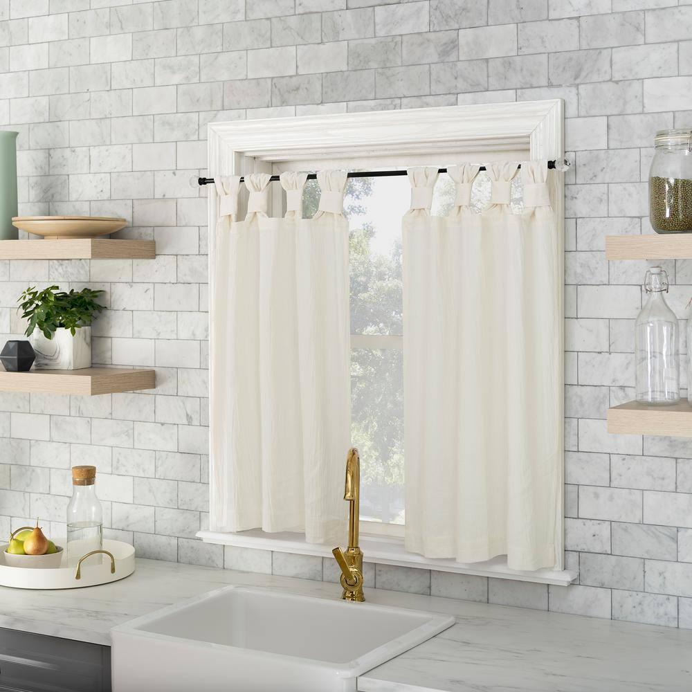 2pc 52"x36" Archaeo Washed Cotton Twist Tab Cafe Curtain Tier Pair Ivory: Kitchen Curtains, 36 Inch, Solid Off-White