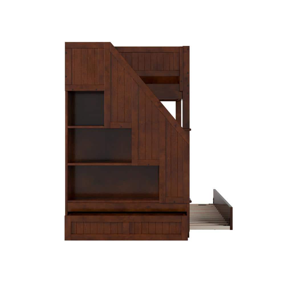 Walnut Twin Over Twin Bunk Bed with Storage Drawer and Trundle