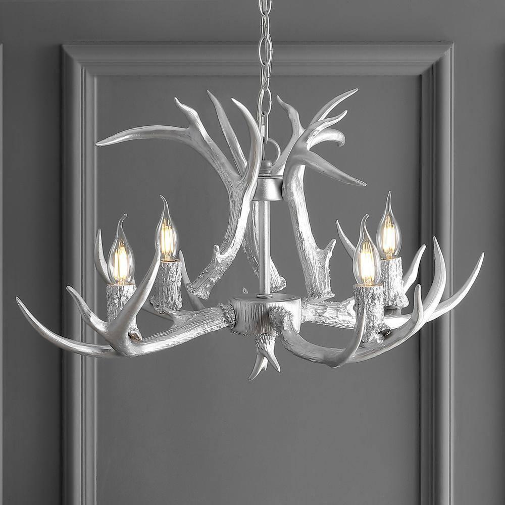 JONATHAN Y JYL6301C Eldora 26" Adjustable Resin Antler 4-Light LED Chandelier, Farmhouse, Glam, Transitional, Rustic, Cottage for living room, dinning room, bedroom, office Bulb Included, Silver