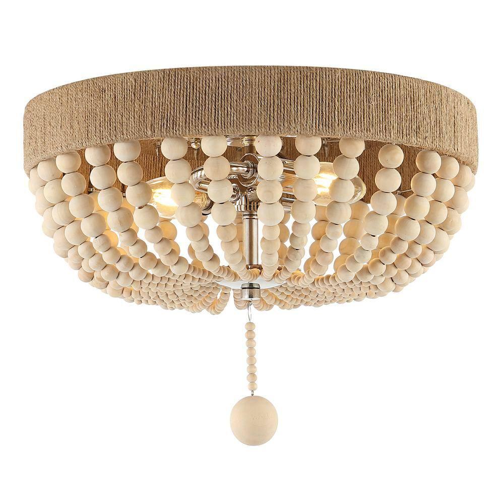 JONATHAN Y Justina Wood Bead 14" 2-Light Farmhouse Bohemian Iron LED Flush Mount, Light Taupe/Chrome, JYL1307A