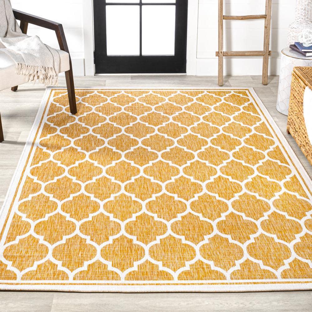 9' x 12' Trebol Moroccan Trellis Textured Weave Indoor/Outdoor Area Rug, Yellow/Cream - JONATHAN Y