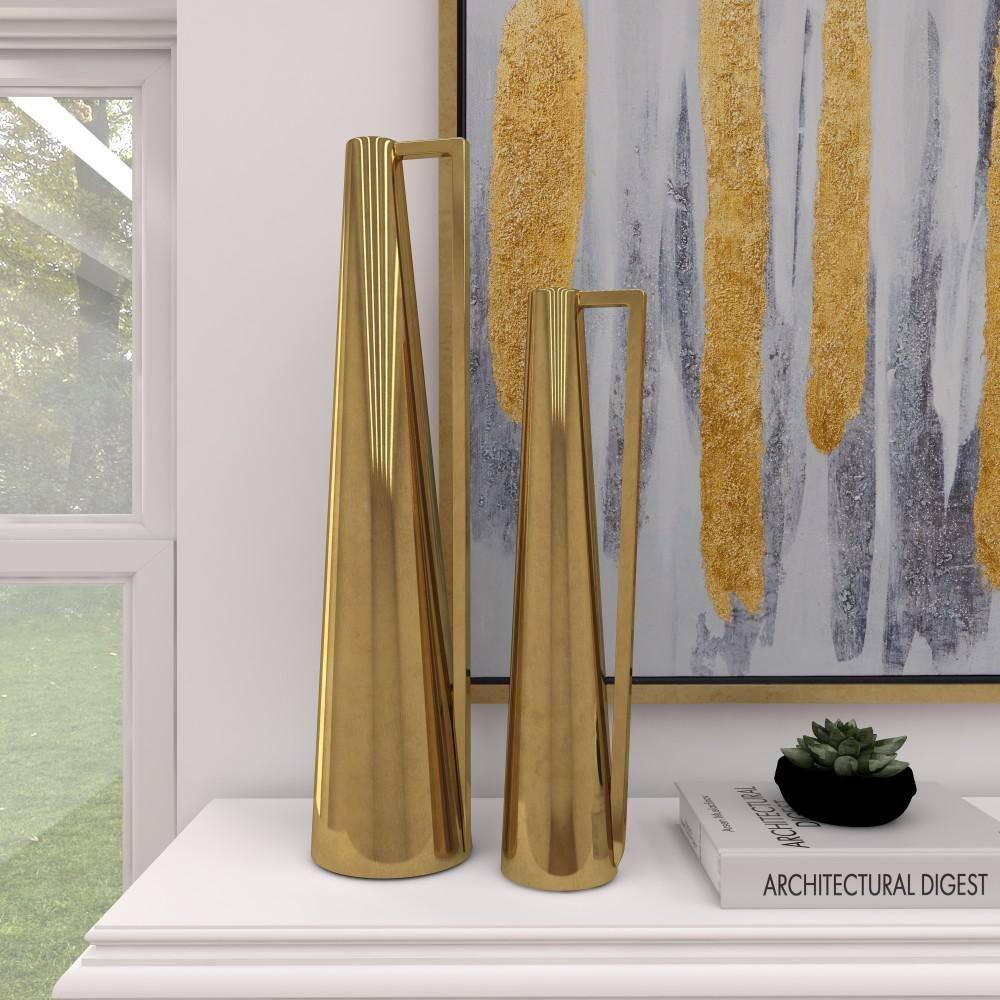 Olivia & May Set of 2 Modern Tapered Iron Pitcher Vases Gold: Luxury Glam Decor, Amphora Style, Tabletop Display