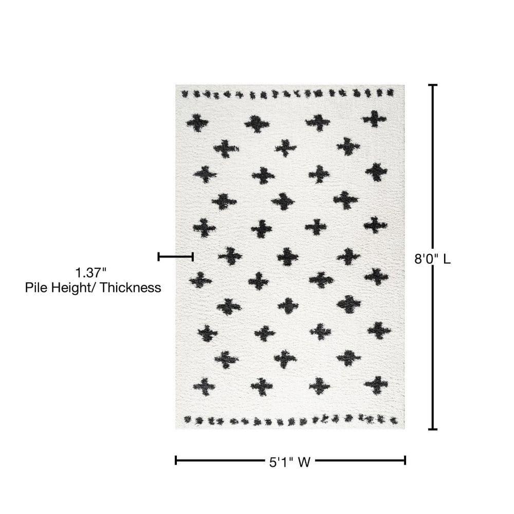 5'x8' Cristo Berber Geometric Shag Area Rug, White/Black - JONATHAN Y