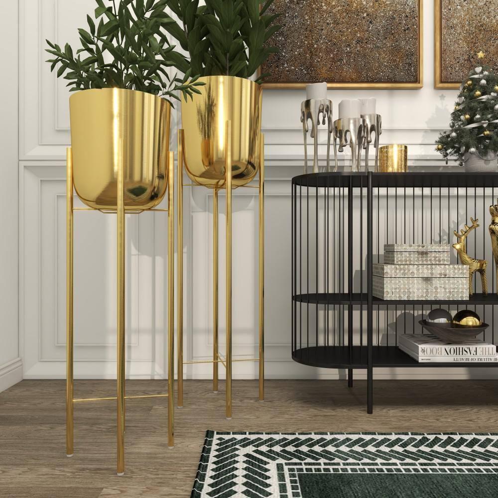 CosmoLiving by Cosmopolitan 2 - Piece Silver Metal Tall Indoor Outdoor Dome Indoor Outdoor Planter with Removable Stand Set