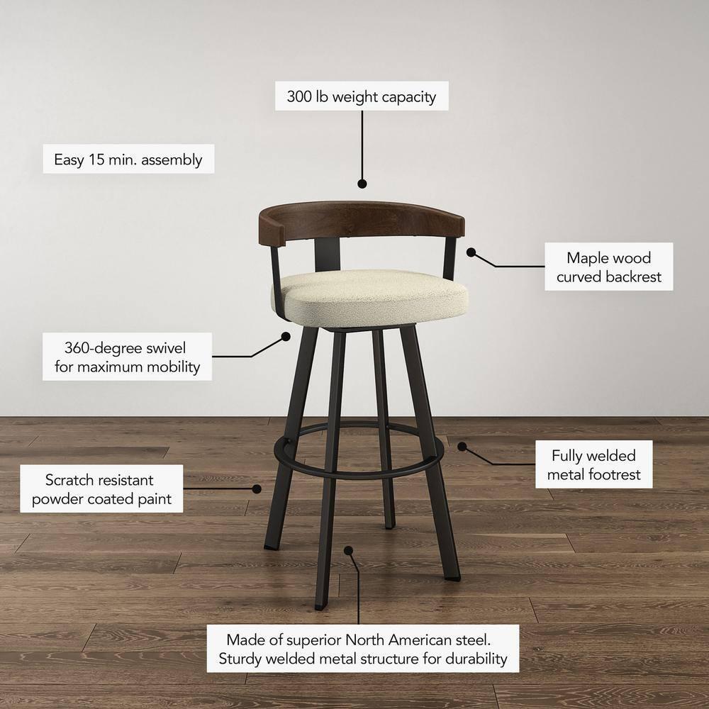 Amisco Lars Upholstered Barstool Greige/Black: Faux Leather, Steel Frame, 30" Fixed Height