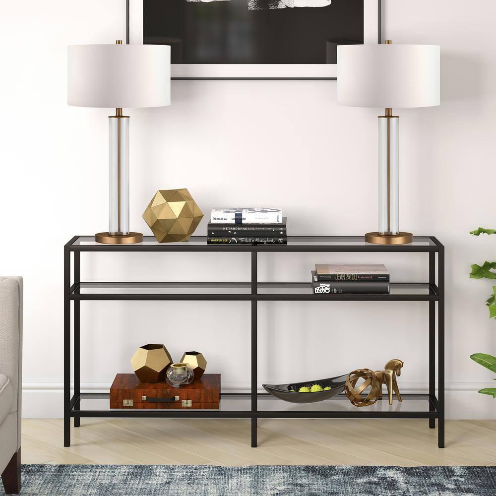 Sivil 55" Blackened Bronze and Black Metal Console Table with Glass Top