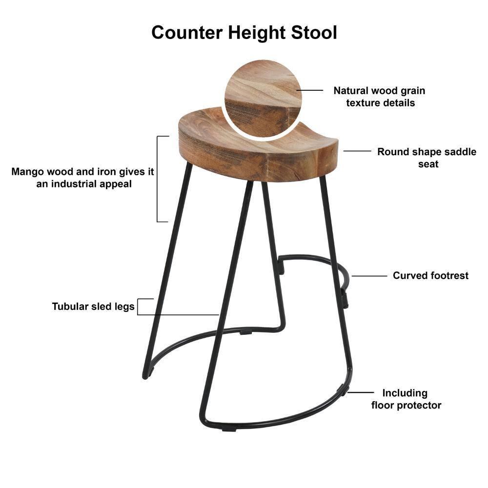 The Urban Port 24 Inch Mango Wood Industrial Counter Height Stool, Saddle Seat, Iron, Set of 2, Brown, Black