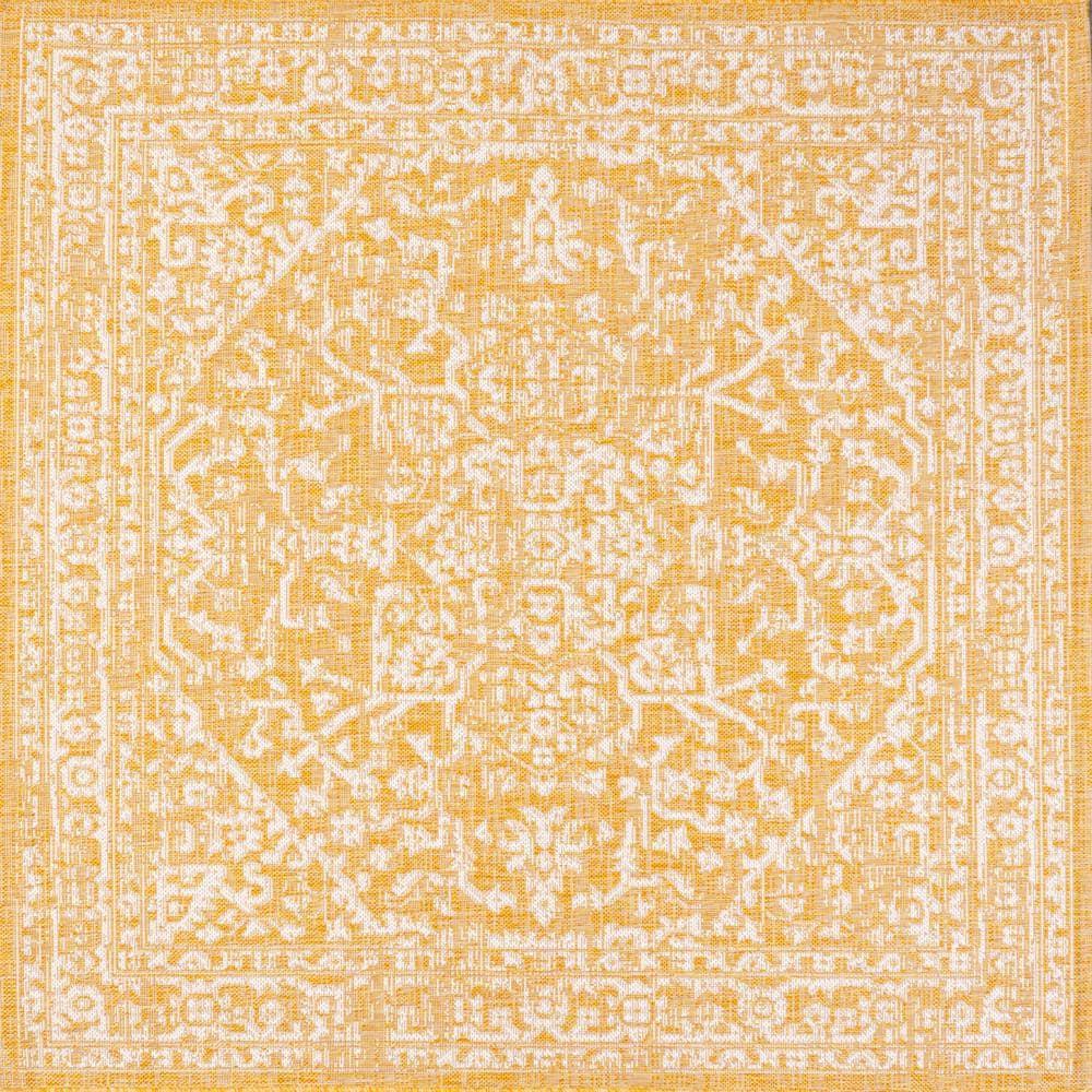 5' x 5' Malta Bohemian Inspired Medallion Textured Weave Indoor/Outdoor Area Rug, Yellow/Cream - JONATHAN Y