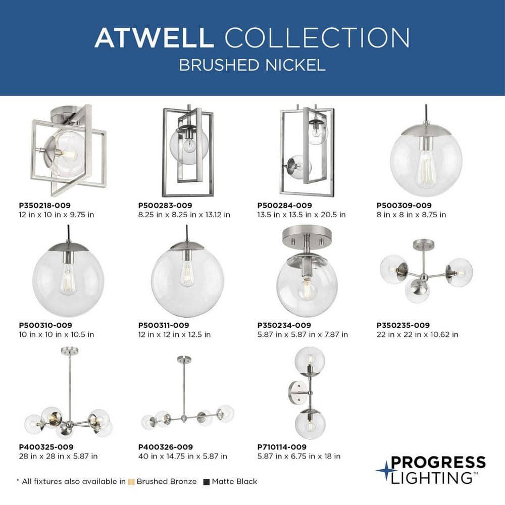 Progress Lighting Atwell 1-Light Flush Mount Ceiling Light, Brushed Nickel, Clear Glass