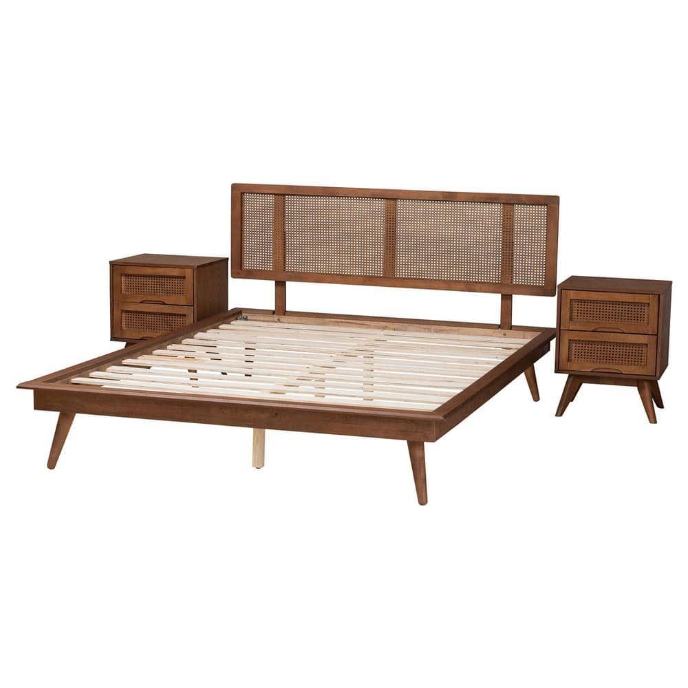 Baxton Studio Nura Walnut Brown Wood and Rattan King Size 3-Piece Bedroom Set