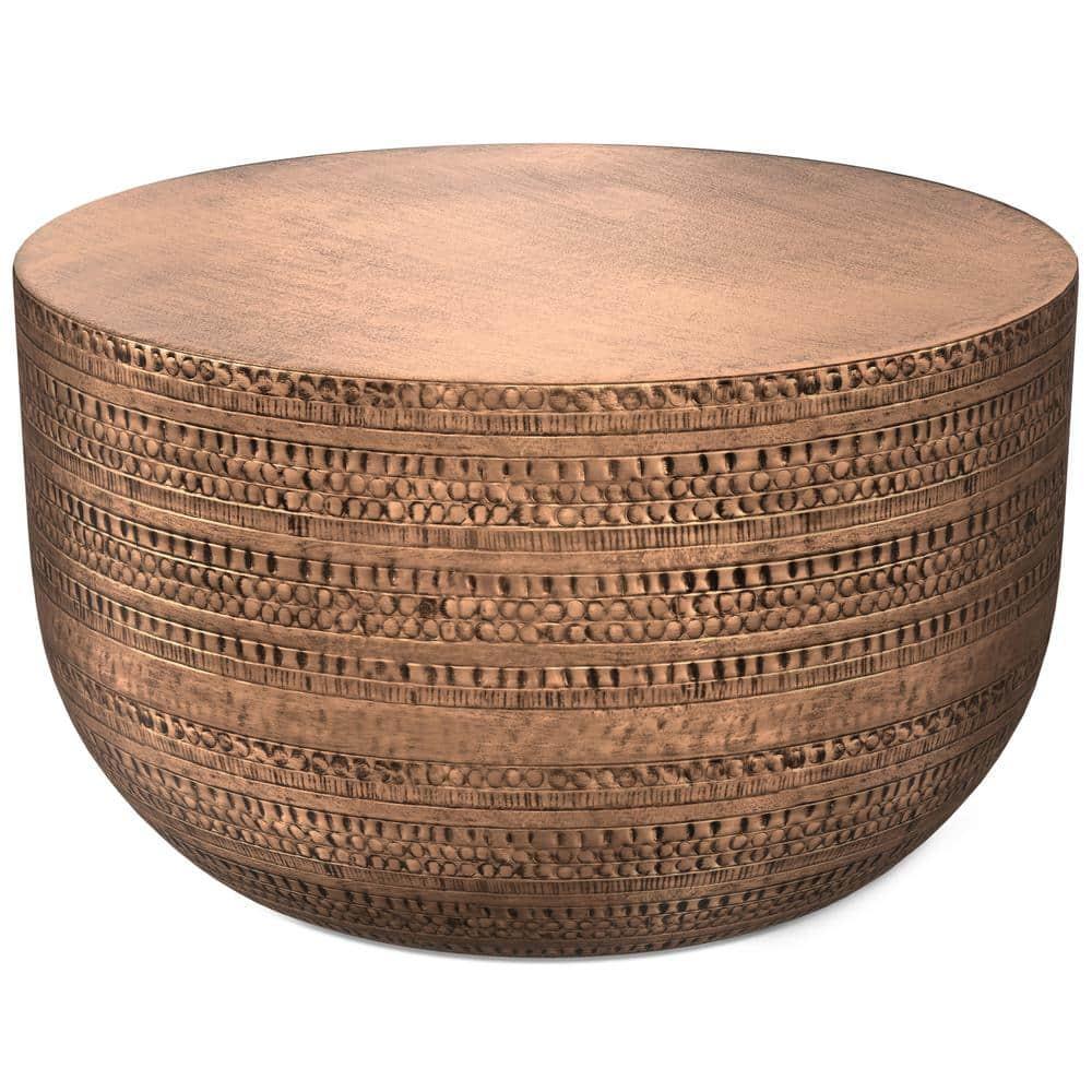 Simpli Home Johnsen 30"W Metal Boho Modern Round Coffee Table with Textured Detail, Assembled