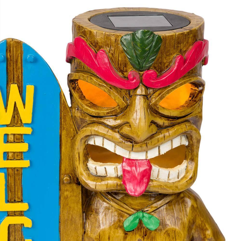 Alpine Corporation Solar Tiki with Welcome Surf Board Statuary and LED Lights