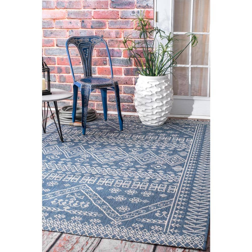 Nuloom Kandace Geometric 6x9 Indoor/Outdoor Area Rug for Living Room Patio Deck Front Porch Kitchen, Blue/Ivory